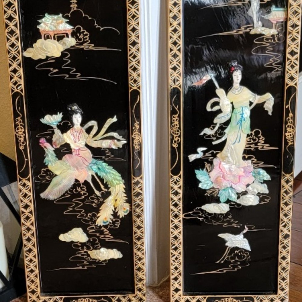 Japanese Shibayama Mother of Pearl Inlaid Lacquer Wall Hanging Panels 2 pcs.